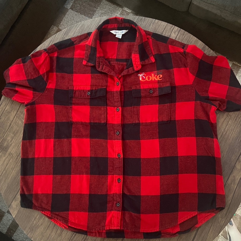 Upcycled Old Navy Flannel with Diet Coke Graphic Red and Black Plaid Shirt XL